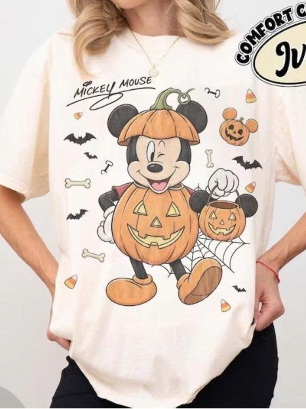 Disney Cream Tee with Orange & Black Mickey Pumpkin Graphic